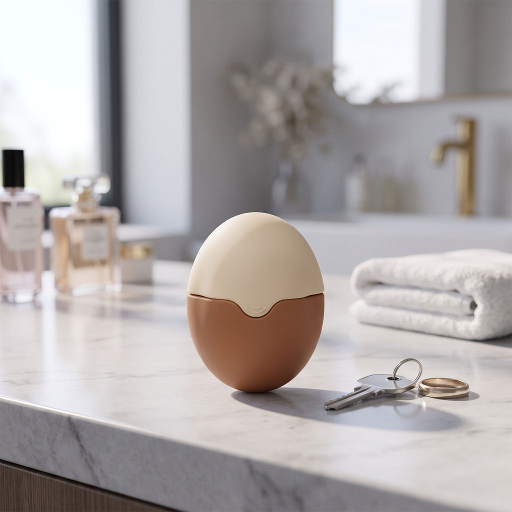 Refillable silicone sunscreen roller standing upright on a marble countertop, showing its portable size and sleek design.