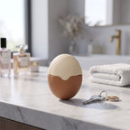 Refillable silicone sunscreen roller standing upright on a marble countertop, showing its portable size and sleek design.
