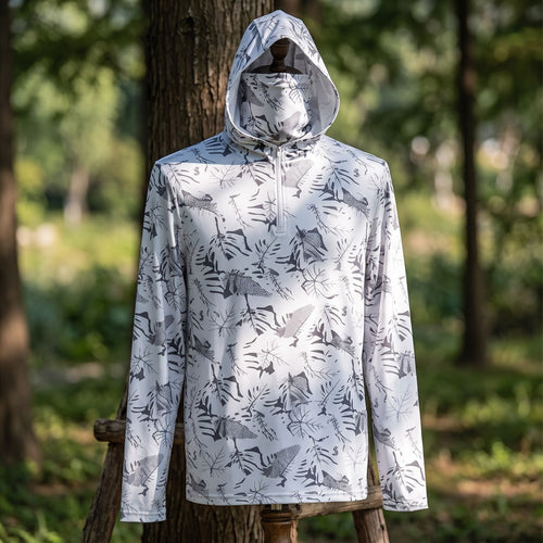 Close-up of hooded fishing shirt on a mannequin outdoors, highlighting fabric texture, zipper details, and high-stretch elasticity in natural light.