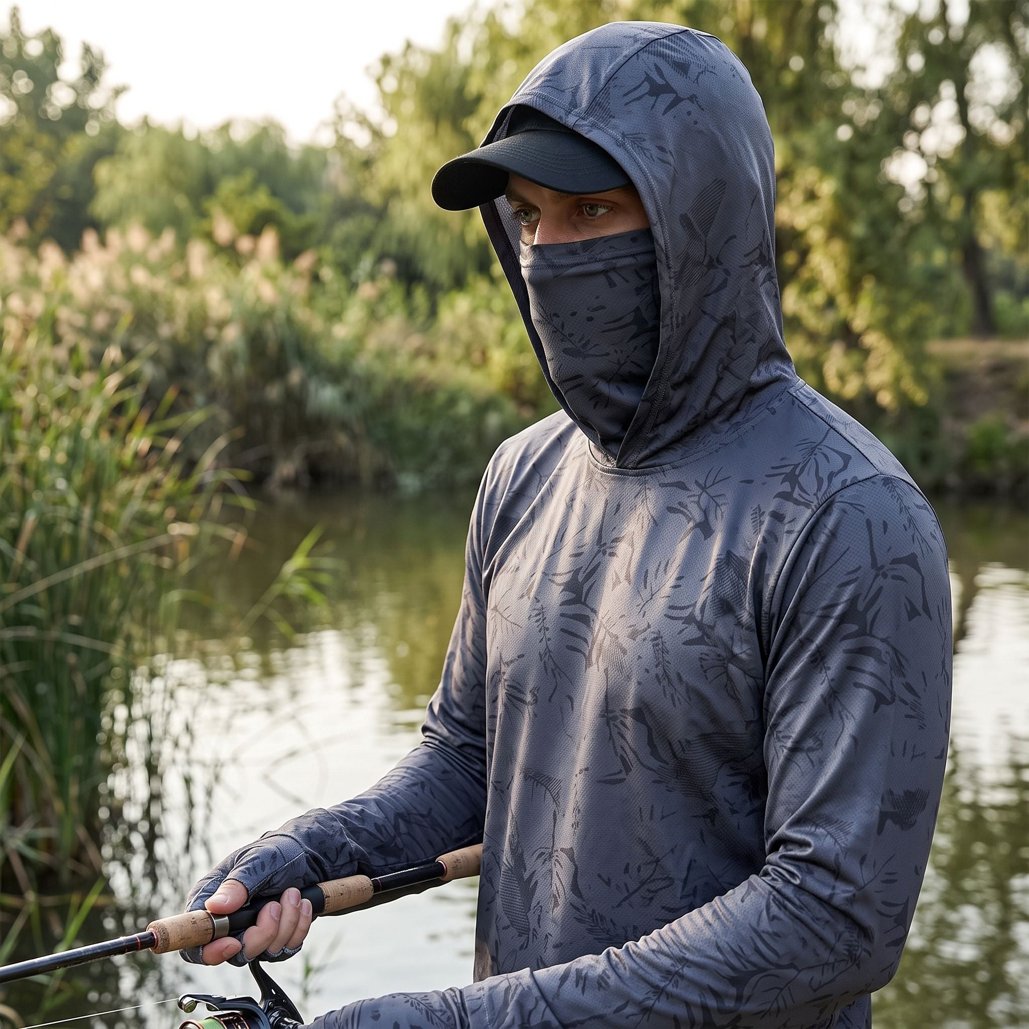 Person wearing the fishing shirt during outdoor activity near a lake, highlighting breathable, sun-protective fabric in natural daylight.
