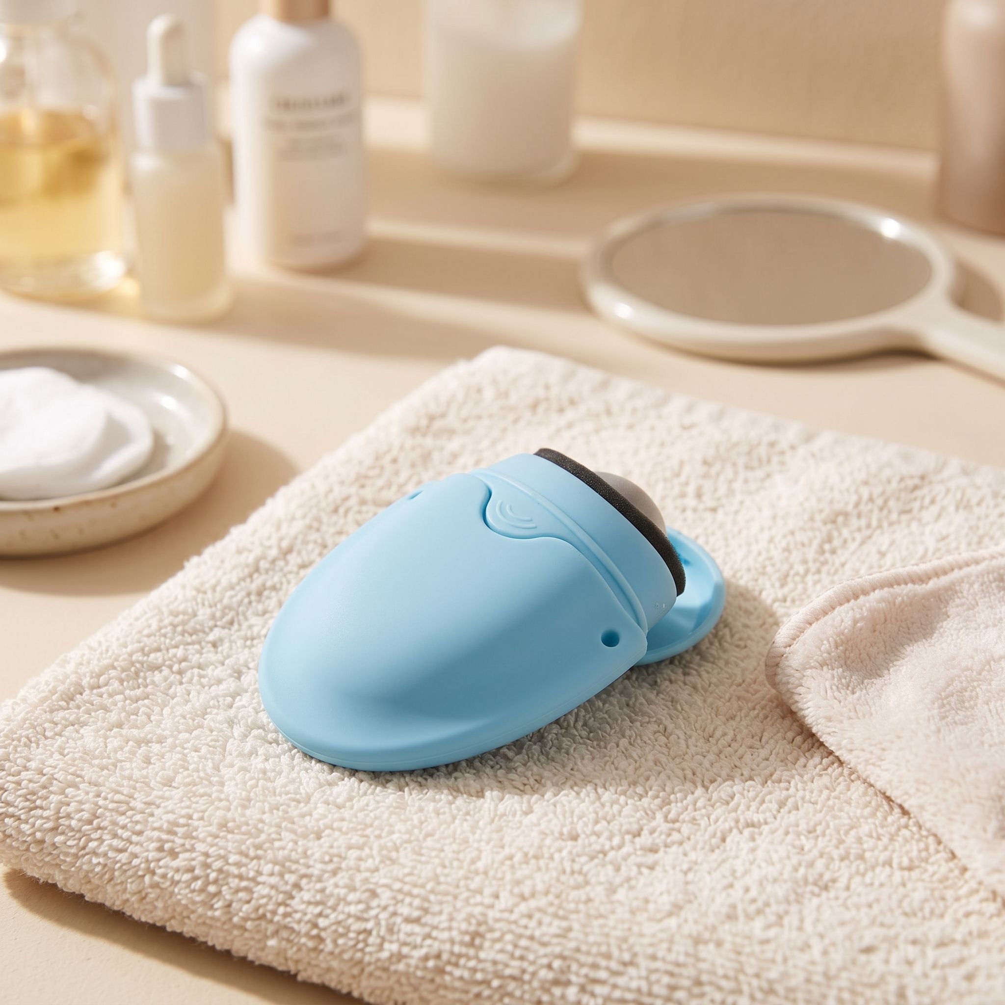 Side view of small silicone sunscreen roller on a soft fabric, emphasizing its compact size and smooth surface.