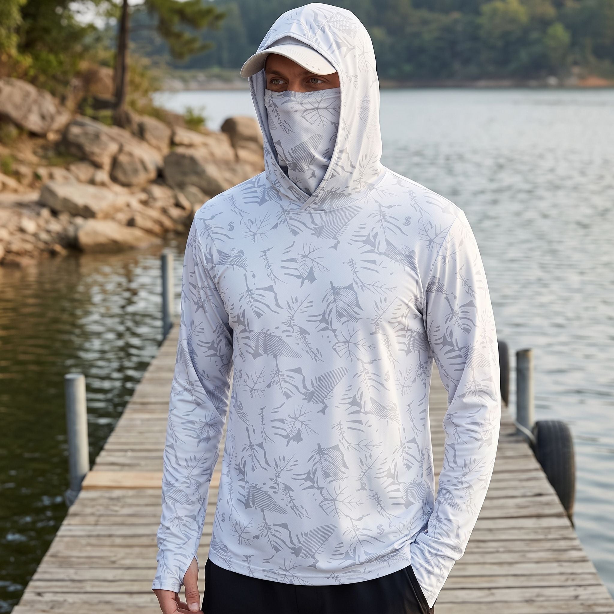 Side view of the fishing shirt hanging on a wooden hanger against an outdoor stone wall, emphasizing fabric quality and design details.